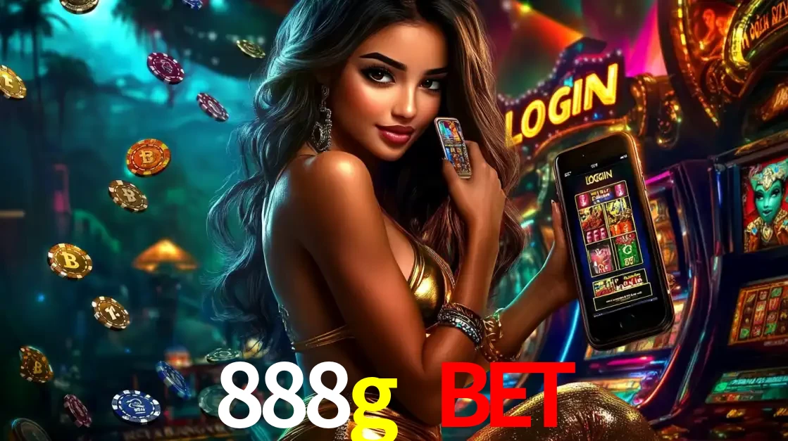 Mulher em um cenário de cassino temático de aventura, mostrando o app de caça-níqueis da 888g bet no celular. Fichas de apostas flutuam ao redor.