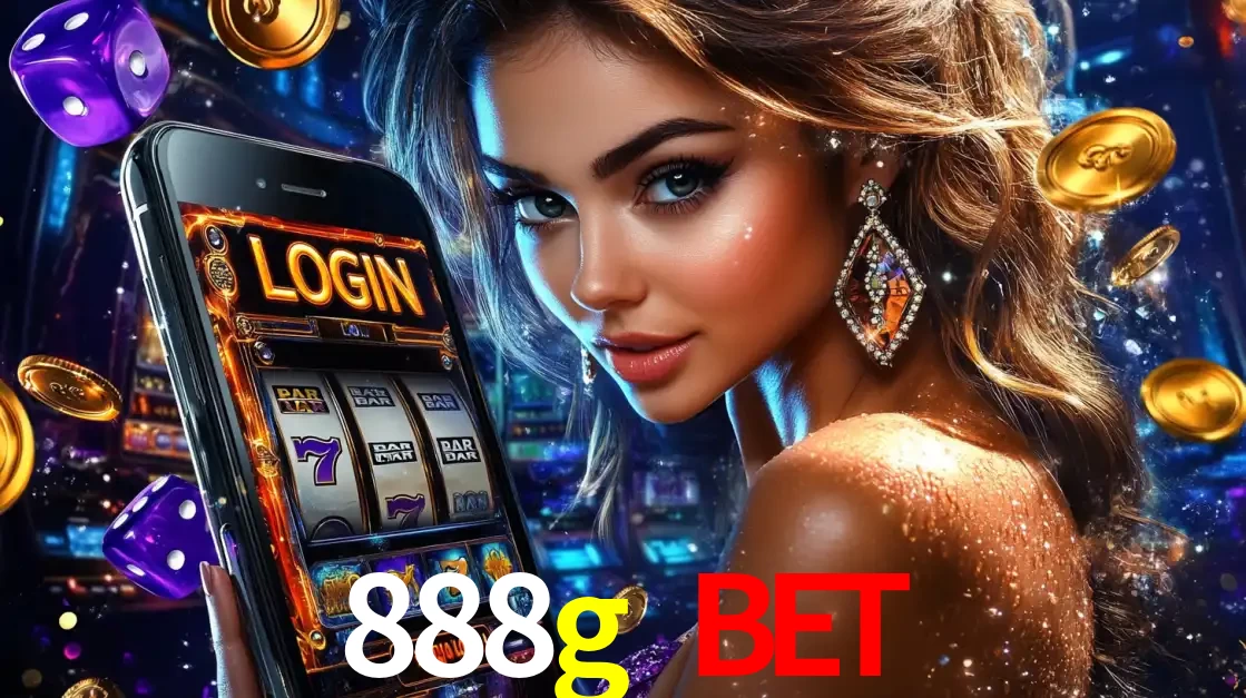 Mulher glamorosa segurando um smartphone com a tela de login para os jogos de caça-níqueis do cassino online 888g bet, com moedas de ouro e dados ao redor.
