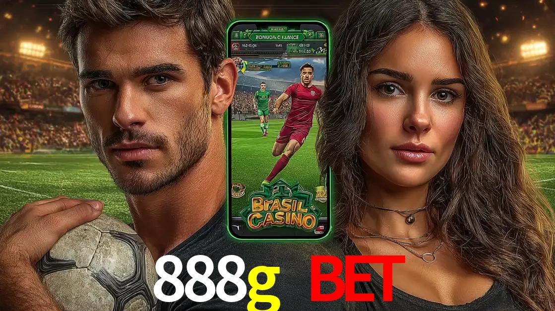 Homem segurando uma bola de futebol e uma mulher ao lado de um smartphone exibindo o jogo de apostas esportivas da 888g bet. Faça seu palpite no cassino online.
