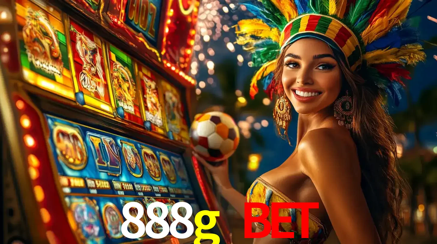 Mulher com um cocar de carnaval ao lado de uma máquina de caça-níqueis enquanto segura uma bola de futebol, mostrando a união da diversão de cassino e esportes no 888g bet.