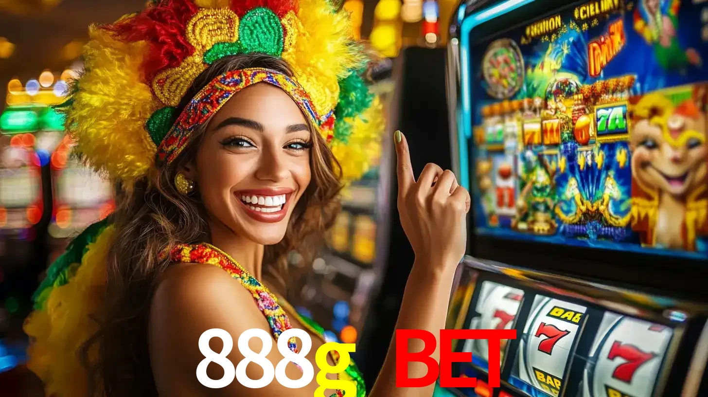 Mulher animada com um cocar de carnaval apontando para uma máquina de caça-níqueis, mostrando a emoção de ganhar um grande prêmio nos jogos do 888g bet.
