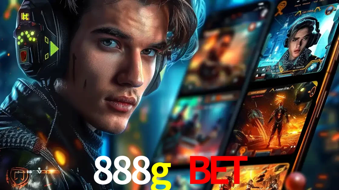 Jovem jogador com fones de ouvido olhando para a câmera, com um aplicativo de jogos e e-sports para celular ao fundo, pronto para a competição e apostas no 888g bet.