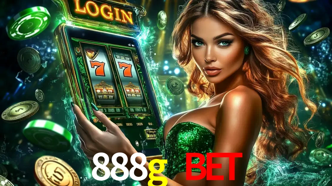 Mulher com tema verde apresentando o aplicativo do cassino 888g bet com um jogo de slot de 777, cercada por fichas de cassino e uma aura de sorte.