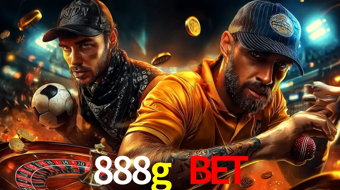 Montagem de apostas esportivas e cassino no 888g bet, com um homem segurando uma bola de futebol e outro uma de beisebol sobre uma roleta e moedas voadoras.