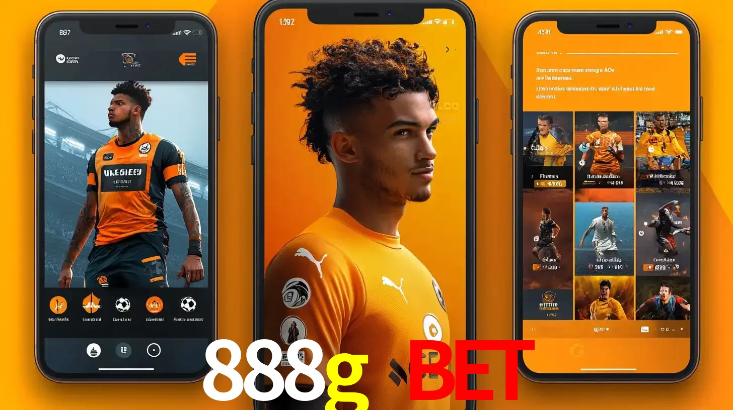 Interface do aplicativo de apostas esportivas 888g bet em três telas de celular, mostrando o perfil de um jogador de futebol e a lista de jogos disponíveis para apostar.