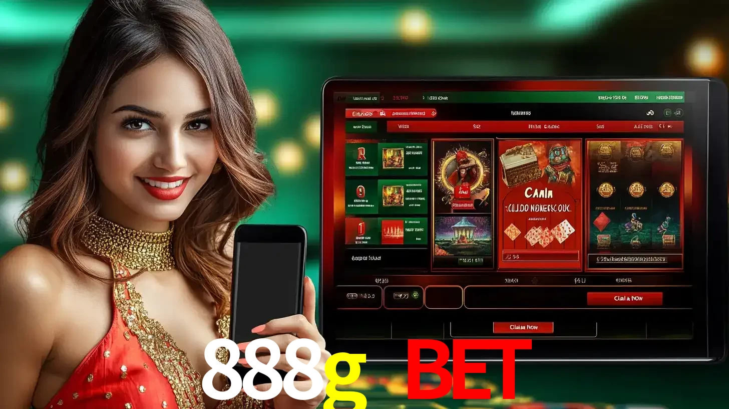 Mulher sorridente segurando um smartphone, ao lado de uma tela exibindo o lobby de jogos do cassino online 888g bet, com várias opções de jogos de cartas e slots.